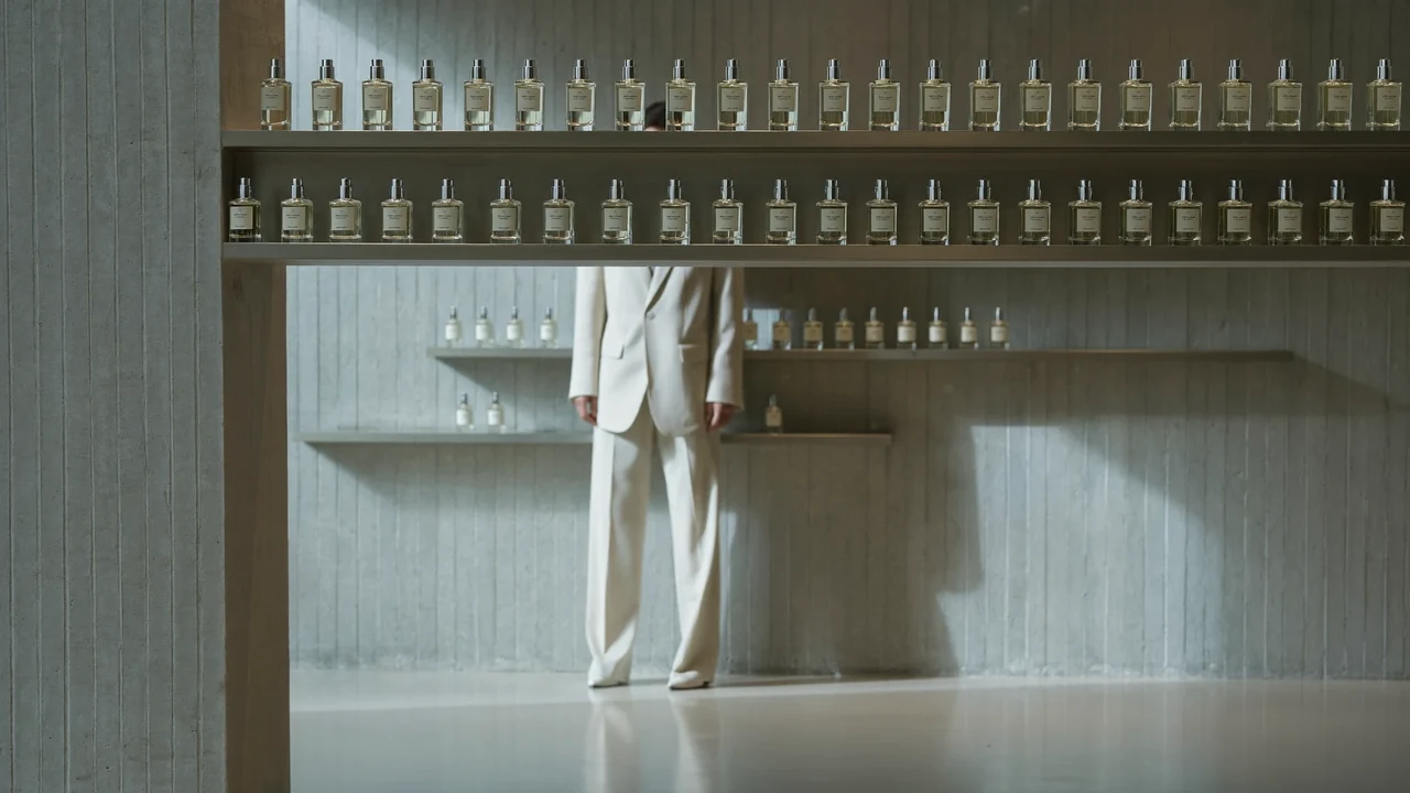 Bred, blødt belyst parfumebutik med rækker af ensartede glasflasker mod en lys betonvæg