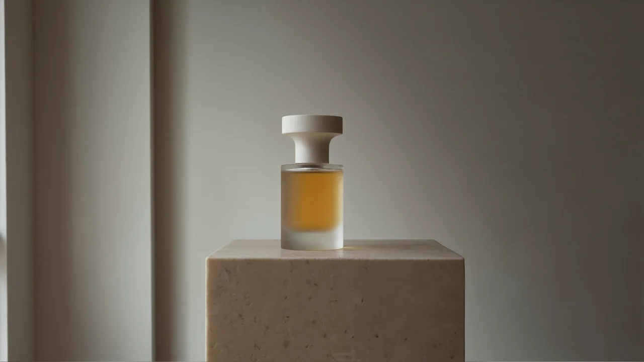 Frostet parfumeflakon med blankt låg på en lys stensokkel i sidelys