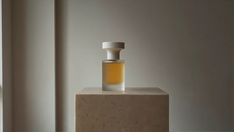 Frostet parfumeflakon med blankt låg på en lys stensokkel i sidelys