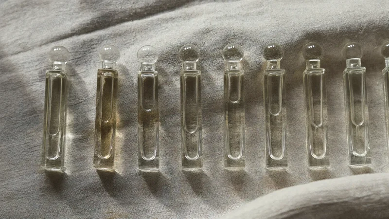 Række af små, ubetegnede prøveflasker på naturligt linned set oppefra